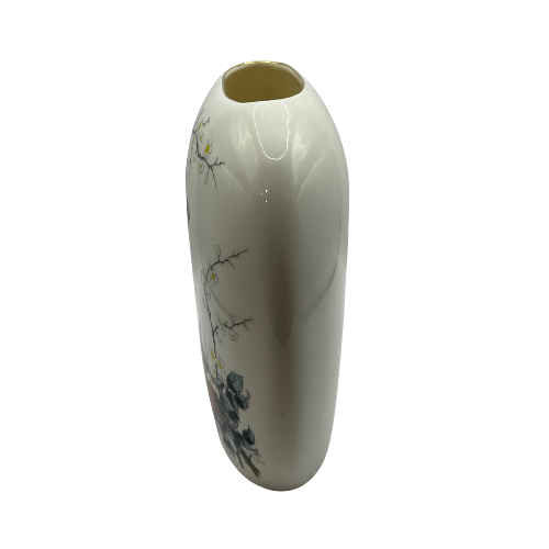 Vintage JAY JAPAN Fine China Porcelain Oval Pillow Vase Exotic Birds in Cherry Blossom Tree