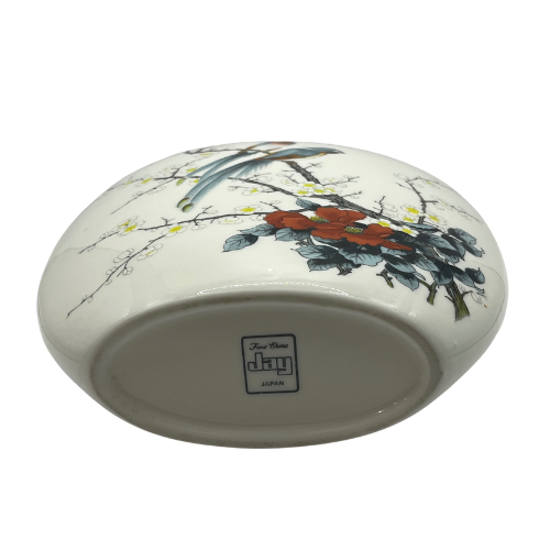 Vintage JAY JAPAN Fine China Porcelain Oval Pillow Vase Exotic Birds in Cherry Blossom Tree