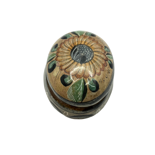 Vintage Mexican Pottery Trinket Box Floral Themed Lidded Oval Shaped