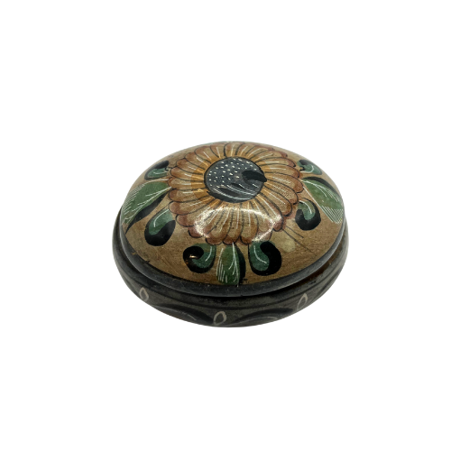 Vintage Mexican Pottery Trinket Box Floral Themed Lidded Oval Shaped