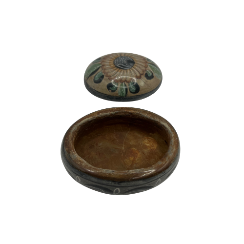 Vintage Mexican Pottery Trinket Box Floral Themed Lidded Oval Shaped