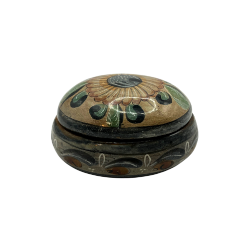 Vintage Mexican Pottery Trinket Box Floral Themed Lidded Oval Shaped