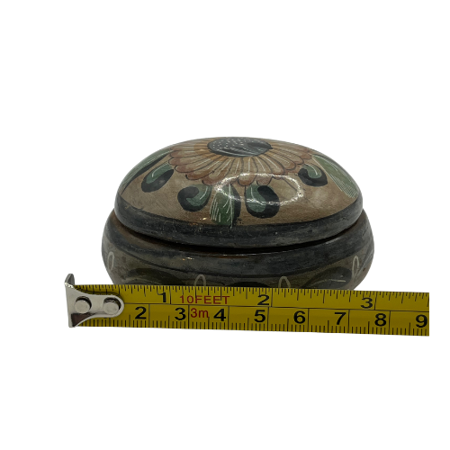 Vintage Mexican Pottery Trinket Box Floral Themed Lidded Oval Shaped