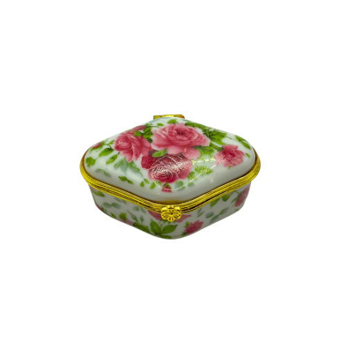 Vintage Porcelain Pill Trinket Box Rose Floral Design Hinged Lid