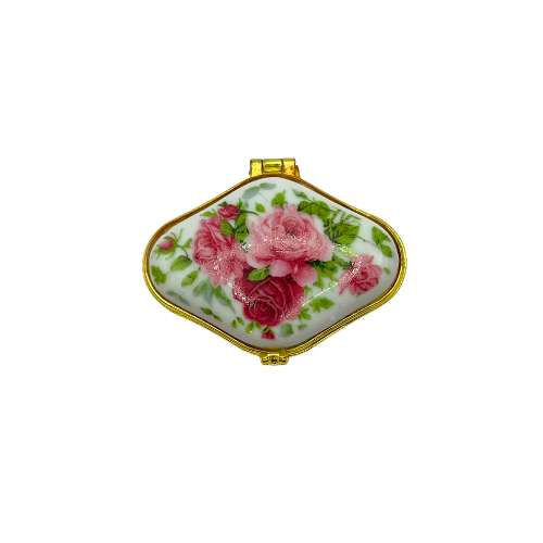 Vintage Porcelain Pill Trinket Box Rose Floral Design Hinged Lid