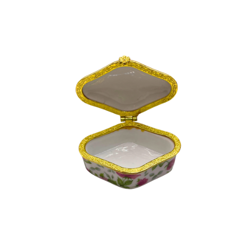 Vintage Porcelain Pill Trinket Box Rose Floral Design Hinged Lid