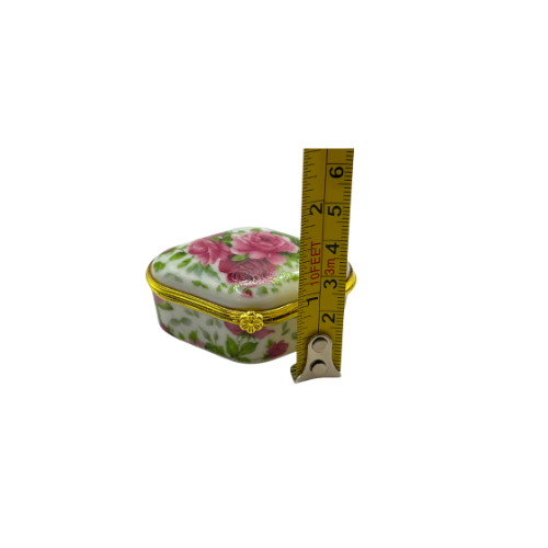 Vintage Porcelain Pill Trinket Box Rose Floral Design Hinged Lid