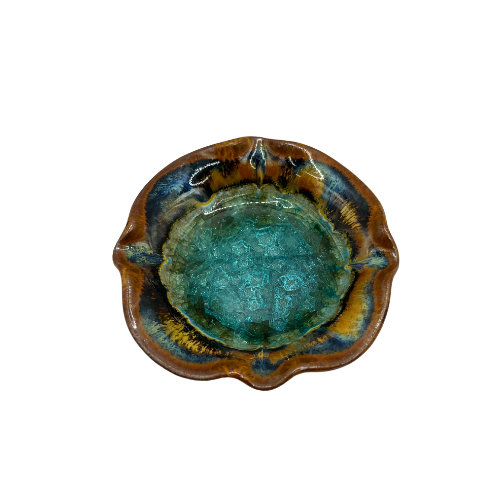 Crystalline Glazed Pottery Trinket Jewelry Dishes Blue Green Round Ruffled Rims Set of 2
