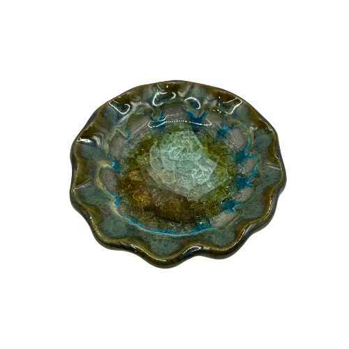 Crystalline Glazed Pottery Trinket Jewelry Dishes Blue Green Round Ruffled Rims Set of 2