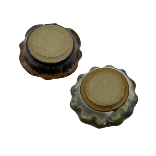 Crystalline Glazed Pottery Trinket Jewelry Dishes Blue Green Round Ruffled Rims Set of 2