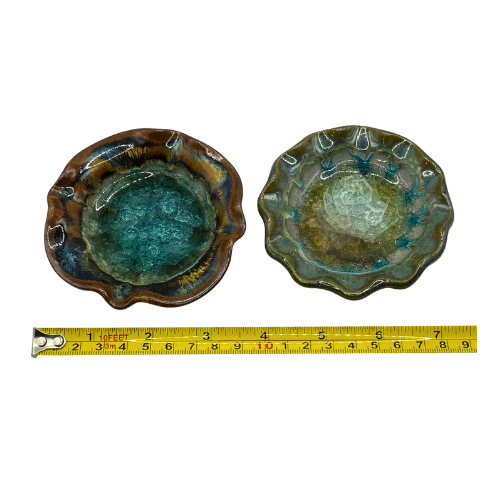 Crystalline Glazed Pottery Trinket Jewelry Dishes Blue Green Round Ruffled Rims Set of 2