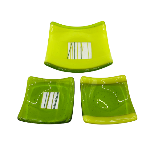 Vintage Fused Glass Lime Green Trinket Dish Set Jewelry Holder Art Glass