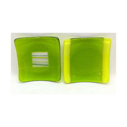 Vintage Fused Glass Lime Green Trinket Dish Set Jewelry Holder Art Glass