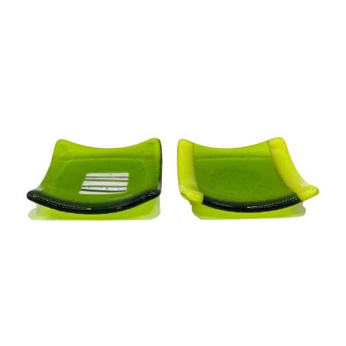 Vintage Fused Glass Lime Green Trinket Dish Set Jewelry Holder Art Glass