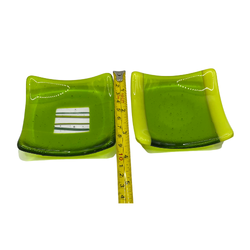 Vintage Fused Glass Lime Green Trinket Dish Set Jewelry Holder Art Glass