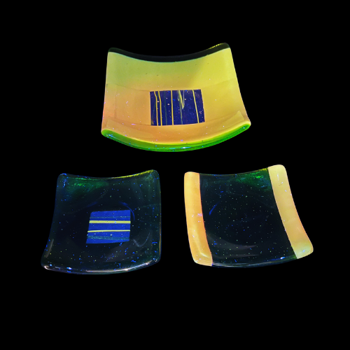 Vintage Fused Glass Lime Green Trinket Dish Set Jewelry Holder Art Glass