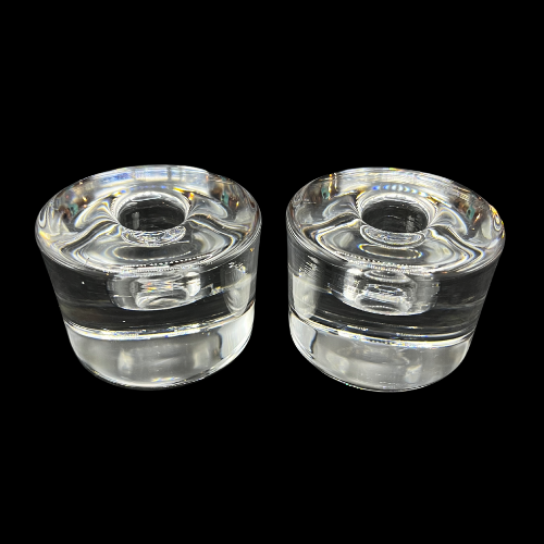 Orrefors Sweden Mid Century Crystal Puck Style Candlestick Holder Set of 2 _ Signed "FO" Frank Orrefors