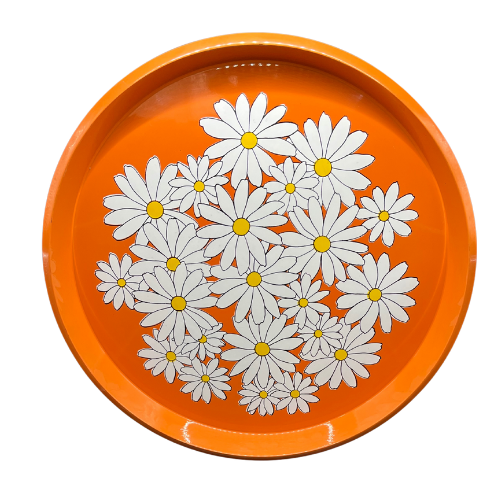 Vintage Daisy Platter Orange Yellow White Floral 1970’s Circular Plastic Tray 13.5"