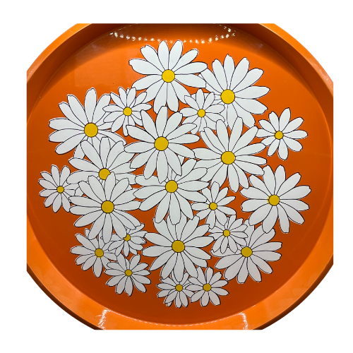 Vintage Daisy Platter Orange Yellow White Floral 1970’s Circular Plastic Tray 13.5"