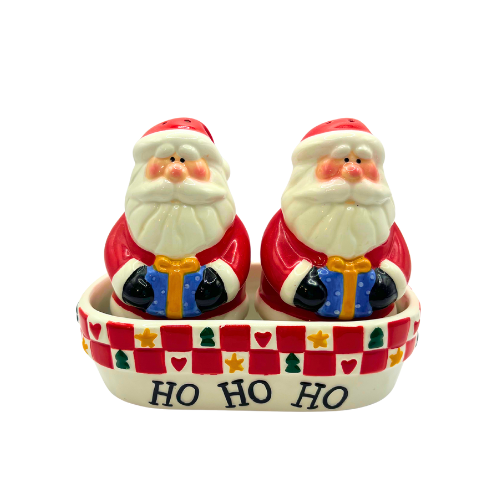 Santa Claus Salt & Pepper Shakers with Red Checker Caddy