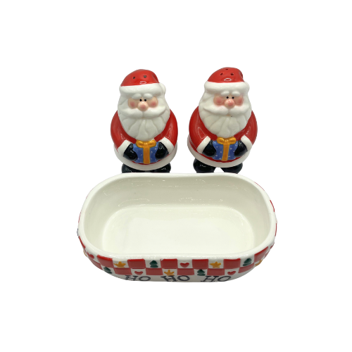 Santa Claus Salt & Pepper Shakers with Red Checker Caddy