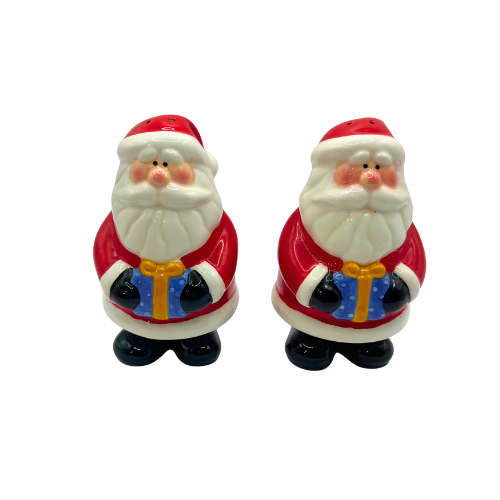 Santa Claus Salt & Pepper Shakers with Red Checker Caddy