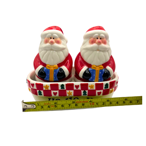 Santa Claus Salt & Pepper Shakers with Red Checker Caddy