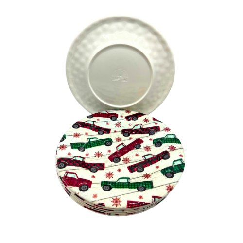 Robert Stanley Christmas Melamine Dinner Plates Set Of 6 Plaid Green Red Trucks