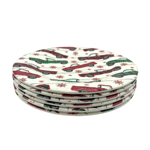 Robert Stanley Christmas Melamine Dinner Plates Set Of 6 Plaid Green Red Trucks