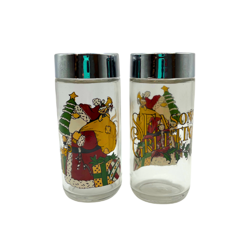 Vtg Anchor Hocking Seasons Greetings Glass Salt & Pepper Shaker Victorian Santa Home Trends Set