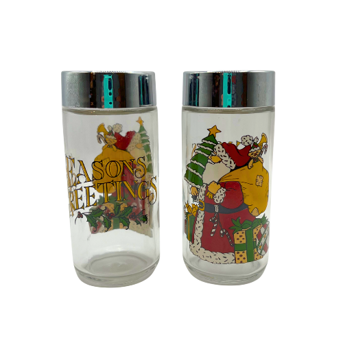 Vtg Anchor Hocking Seasons Greetings Glass Salt & Pepper Shaker Victorian Santa Home Trends Set