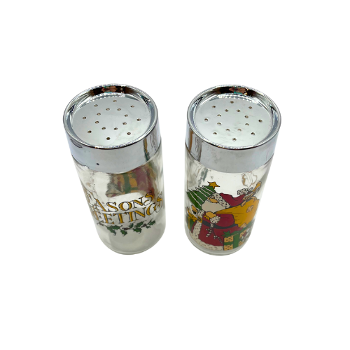 Vtg Anchor Hocking Seasons Greetings Glass Salt & Pepper Shaker Victorian Santa Home Trends Set