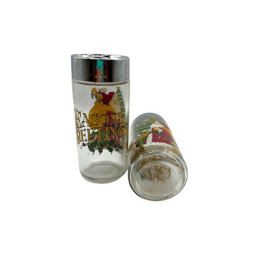 Vtg Anchor Hocking Seasons Greetings Glass Salt & Pepper Shaker Victorian Santa Home Trends Set