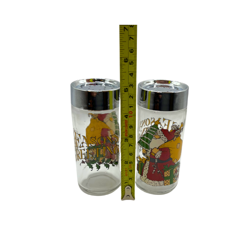 Vtg Anchor Hocking Seasons Greetings Glass Salt & Pepper Shaker Victorian Santa Home Trends Set