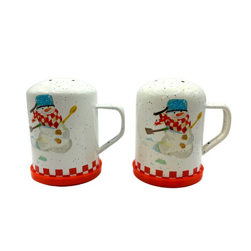 Vintage Hallmark The Mitford Snowmen Enamel Metal Salt and Pepper Shakers