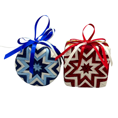 Handcrafted Quilted Folded Fabric Star Christmas Tree Ornaments Set of 2 Large