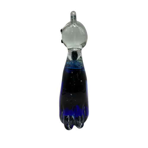 Murano Style Siamese Cat Art Glass Cobalt Blue Transparent Clear Swirl Black Tail Figurine