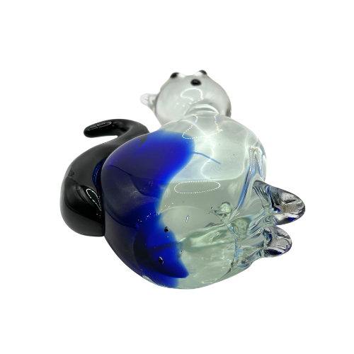Murano Style Siamese Cat Art Glass Cobalt Blue Transparent Clear Swirl Black Tail Figurine