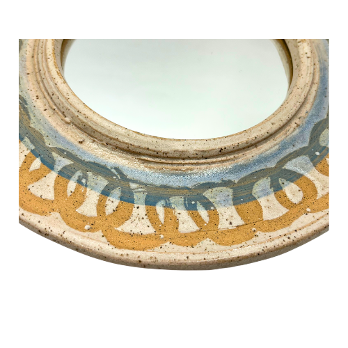 Vintage Hand Throw 9" Mirror Signed Ocepek Art Pottery Tan Blue Swirl Speckled Hanging Rope