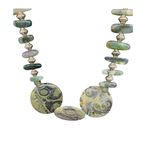 * Kambamba Jasper, Moss Agate Gemstone Necklace with Toggle Feather Sliver Tone Floral Clasp