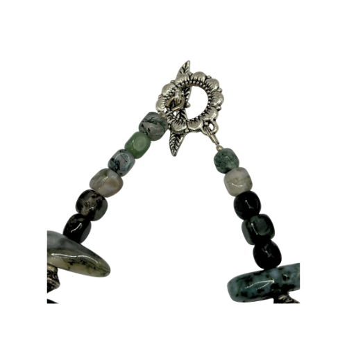* Kambamba Jasper, Moss Agate Gemstone Necklace with Toggle Feather Sliver Tone Floral Clasp