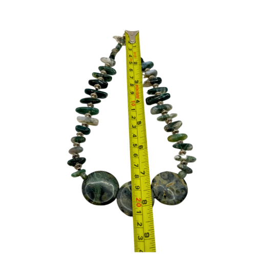 * Kambamba Jasper, Moss Agate Gemstone Necklace with Toggle Feather Sliver Tone Floral Clasp