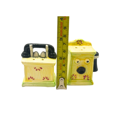 Vintage Yellow Old Fashion Crank Telephone Ceramic Salt & Pepper Shakers