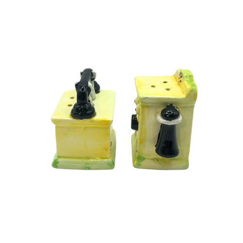 Vintage Yellow Old Fashion Crank Telephone Ceramic Salt & Pepper Shakers