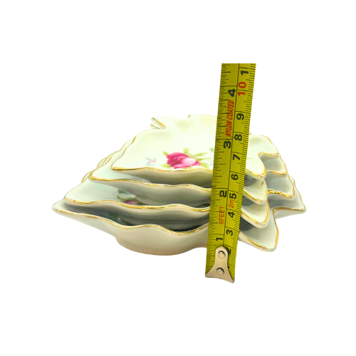 Vintage Lefton Stackable Ash Trays / Trinket Dishes Leaf Shaped w. Rose Flowers Set of 4