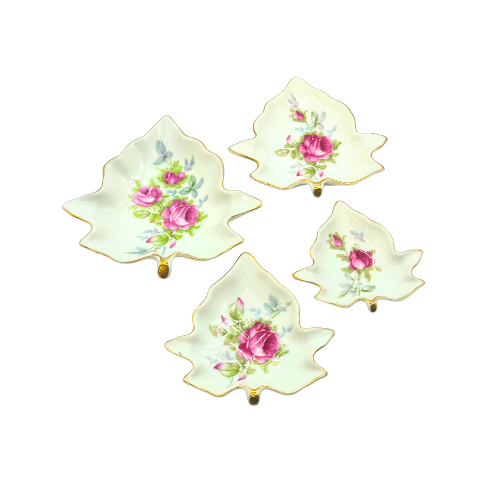 Vintage Lefton Stackable Ash Trays / Trinket Dishes Leaf Shaped w. Rose Flowers Set of 4