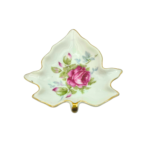 Vintage Lefton Stackable Ash Trays / Trinket Dishes Leaf Shaped w. Rose Flowers Set of 4