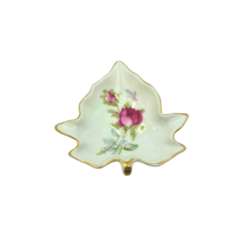 Vintage Lefton Stackable Ash Trays / Trinket Dishes Leaf Shaped w. Rose Flowers Set of 4