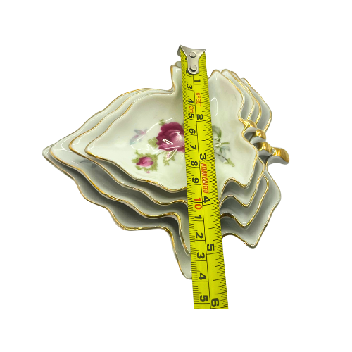 Vintage Lefton Stackable Ash Trays / Trinket Dishes Leaf Shaped w. Rose Flowers Set of 4