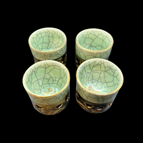 MCM Somayaki Double Wall Tea Cups Crackle Glaze, Gold Horse Motif Heart Cutouts